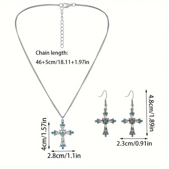 Silver-Tone Cross Necklace and Earring Set - Picture 2 of 2